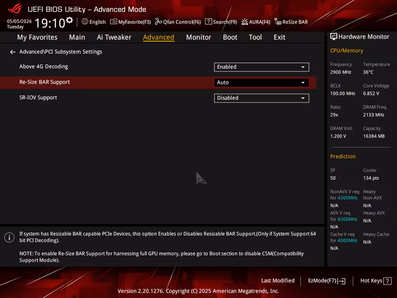BIOS Asus: Advanced → PCI Subsystem Settings: Above 4G Decoding и Re-Size BAR Support