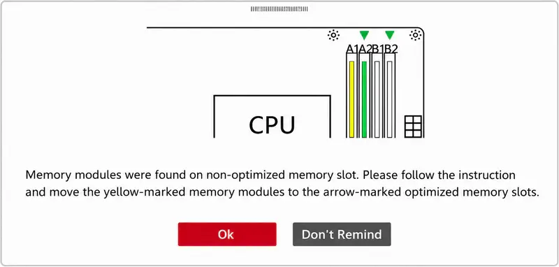Memory modules were found in non-optimized memory slot.