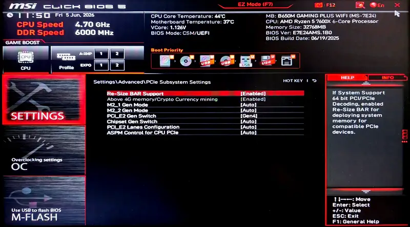 MSI UEFI: Settings → Advanced → PCI Subsystem Settings: Re-Size BAR Support и Above 4G memory/Crypto Currency mining