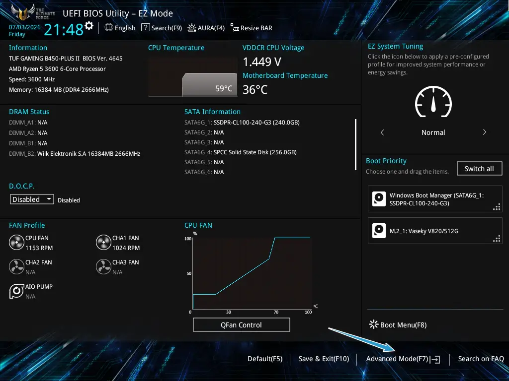 Asus BIOS/UEFI: Advanced Mode(F7)