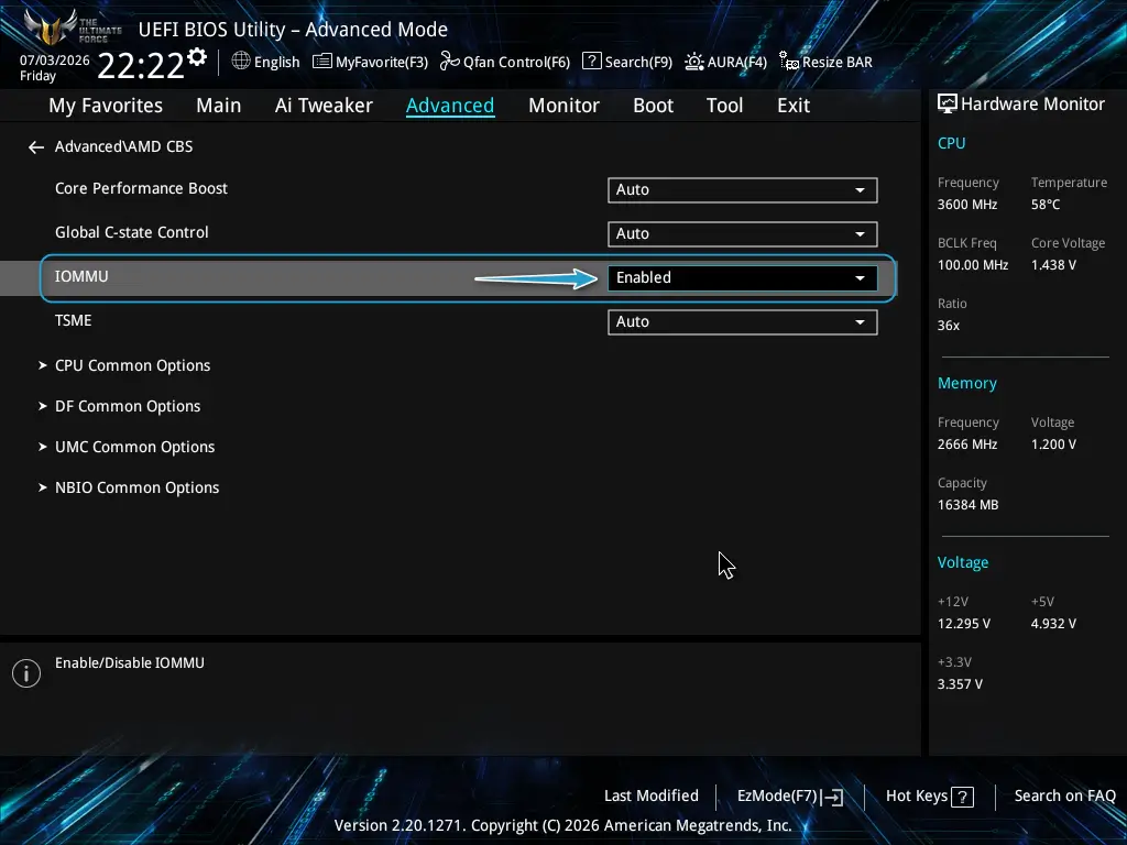 Asus BIOS: Advanced → AMD CBS → IOMMU → Enabled.
