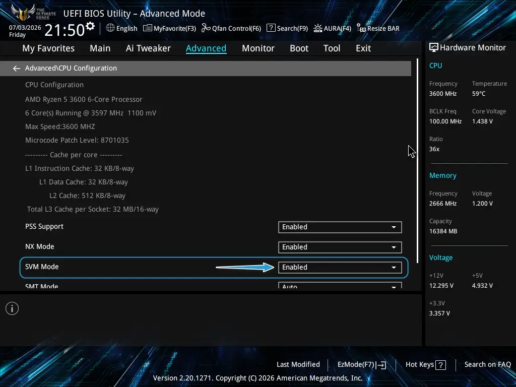 Asus BIOS: Advanced → CPU Configuration → SVM Mode → Enabled.